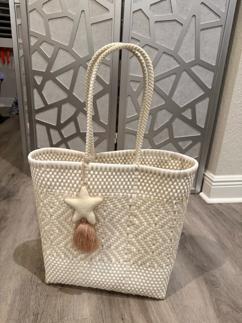 Woven Cream Tote Bag with Star Charm